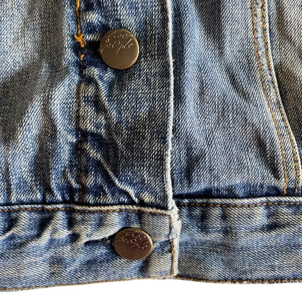 Free People : Brass-tone Studded Patchwork Distressed Boho Denim Jacket : XS - Picture 8 of 16